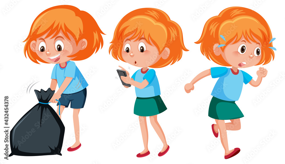 Cartoon character of a girl doing different activities Cartoon character of a girl doing different activities