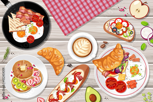 Top view of breakfast set on the table