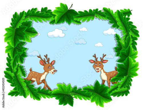 Empty banner with tropical leaves frame and deer cartoon character