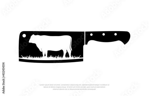 Angus cattle farm with knife  logo design template vector