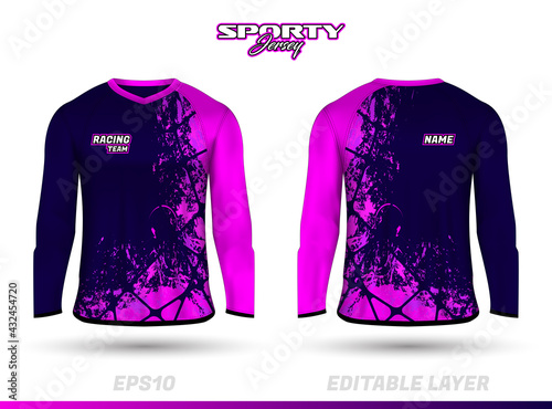 Long sleeve sports racing suit. Front back t-shirt design. Templates for team uniforms. Sports design for football, racing, cycling, gaming jersey. Vector.
