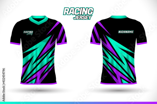Sports racing jersey design. Front back t-shirt design. Templates for team uniforms. Sports design for football, racing, cycling, gaming jersey. Vector.