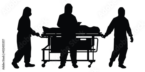Medical staff wear personal protective equipment (PPE) with a body of Covid-19 victim for on patient cart silhouette vector on white background.