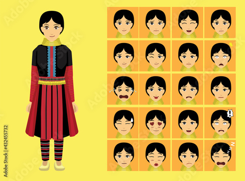 Manga Style Myanmar Hmong Woman Clothes Cartoon Character Emotion