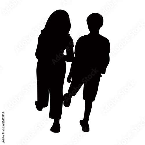 a boy and a girl walking, silhouette vector