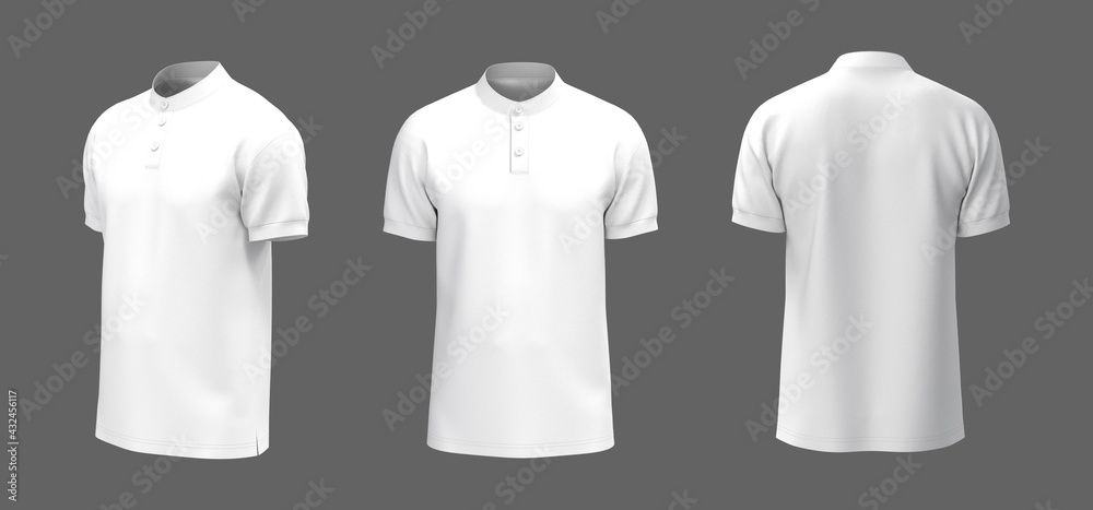 Blank mandarin collar t-shirt mockup in front, side and back views, tee ...