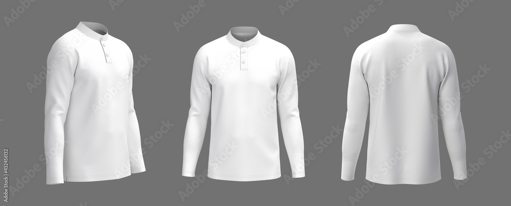 Blank mandarin collar t-shirt mockup in front, side and back views, tee design presentation for print, 3d rendering, 3d illustration Blank mandarin collar t-shirt mockup in front, side and back views, tee design presentation for print, 3d rendering, 3d illustration