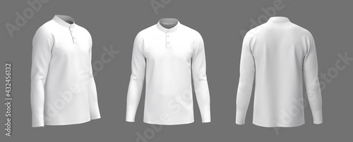Blank mandarin collar t-shirt mockup in front, side and back views, tee design presentation for print, 3d rendering, 3d illustration photo