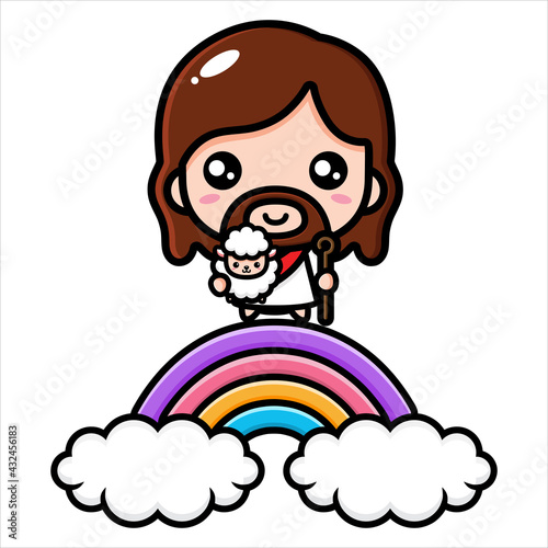 cute jesus cartoon vector design is in rainbow along with sheep