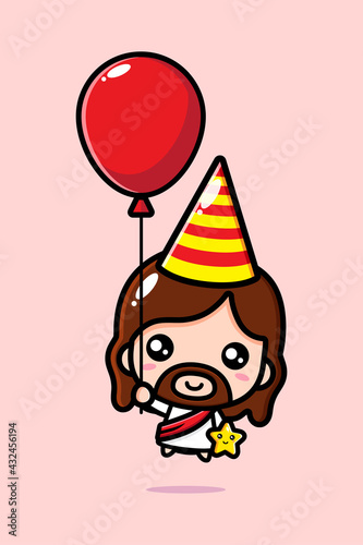 Vector design of cute cartoon jesus wearing flying birthday hat with balloon