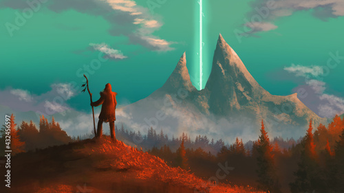 A man looks at the mountains, between them a ray of magic light. 2D illustration