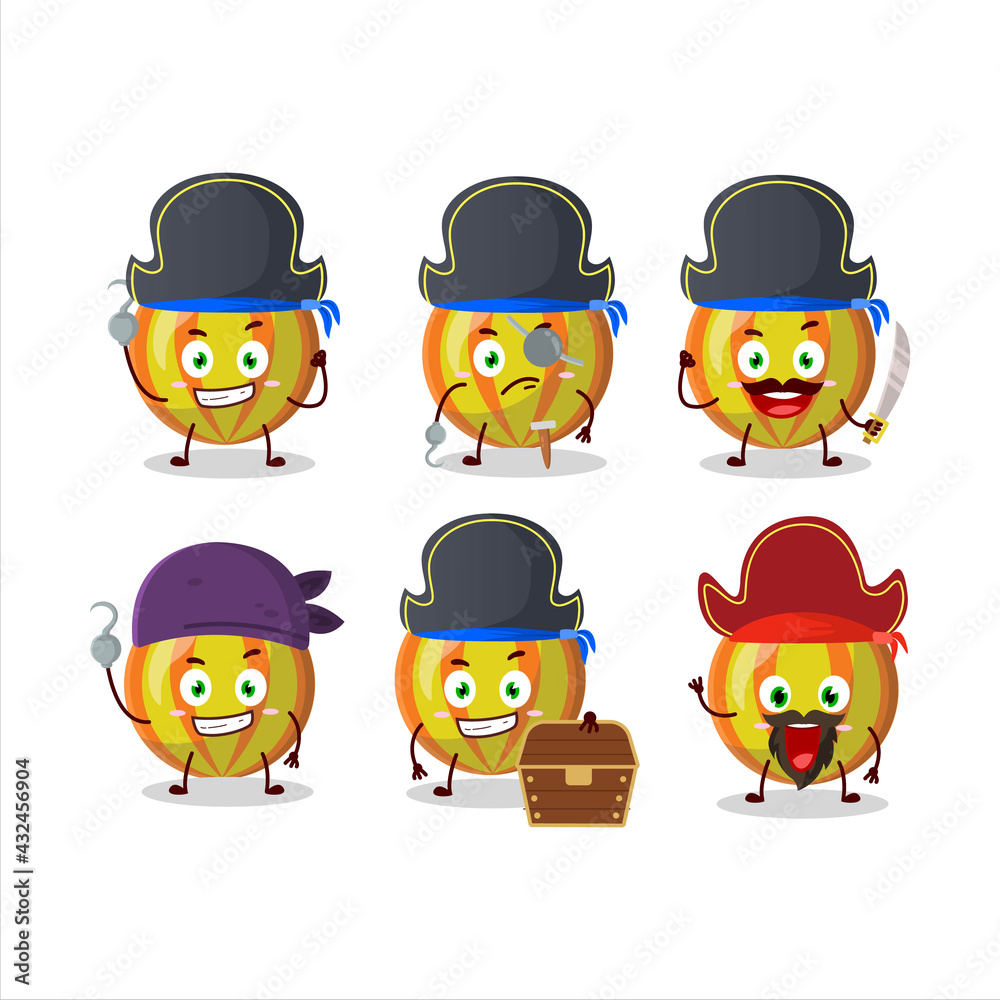 Cartoon character of yellow candy with various pirates emoticons