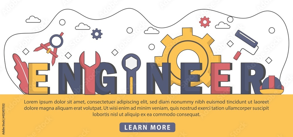 Flat Design Engineer typography header concept. Big giant Engineer word concept banner. Good for landing page, banner, flyer, poster, template, background, marketing, promotion, advertising