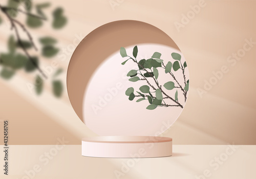 3d background products display podium scene with palm leaf geometric platform. background vector 3d render with podium. stand to show cosmetic products. Stage showcase on pedestal display beige studio