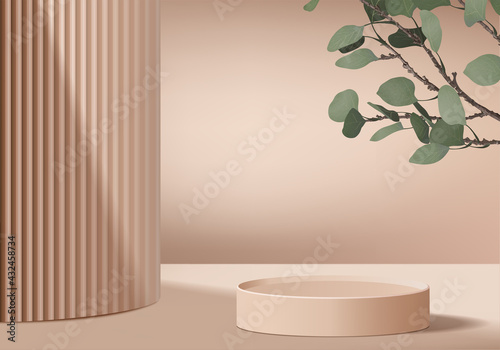 3d background products display podium scene with palm leaf geometric platform. background vector 3d render with podium. stand to show cosmetic products. Stage showcase on pedestal display beige dais