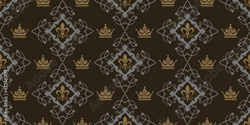 Ornate background pattern in royal style on black background, wallpaper. Seamless pattern, texture. Vector graphics