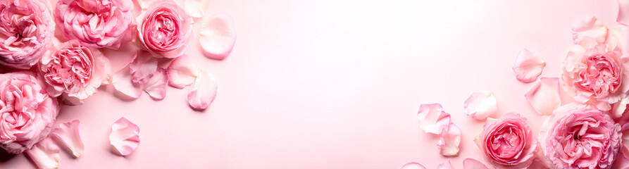Flowers composition. Rose flower petals on pastel pink background.