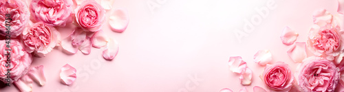 Flowers composition. Rose flower petals on pastel pink background.