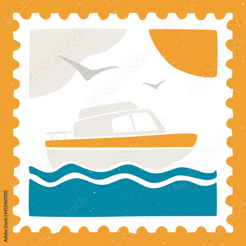 Cute sea post stamp. Seascape with yacht and seagulls. For decoration, design, and scrapbooking. Vector shabby hand drawn illustration