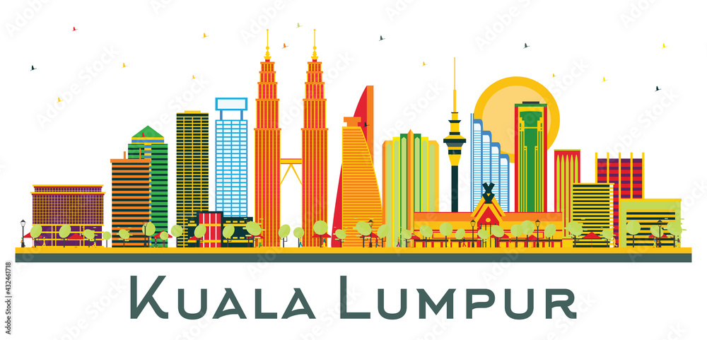 Kuala Lumpur Malaysia City Skyline with Color Buildings Isolated on White.