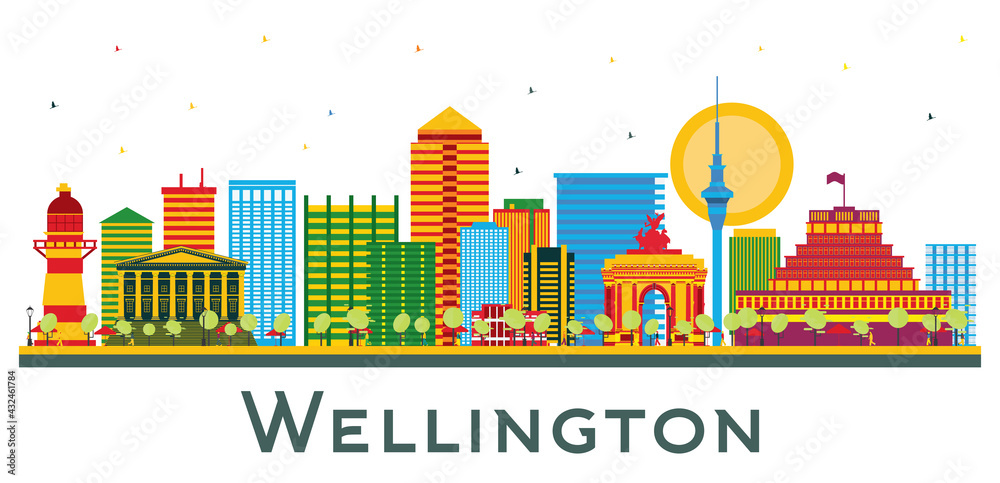 Wellington New Zealand City Skyline with Color Buildings Isolated on White.