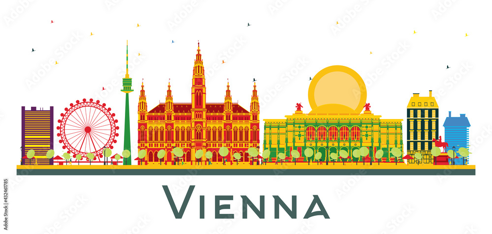 Vienna Austria City Skyline with Color Buildings Isolated on White.