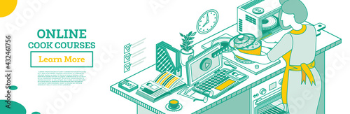 Woman Watches Cooking Channels. Isometric Online Cook School. Woman Cooking Soup on the Electric Stove.