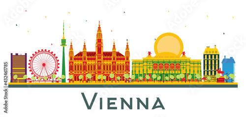 Vienna Austria City Skyline with Color Buildings Isolated on White.