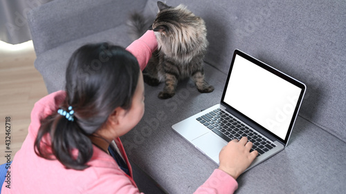 Obese woman using laptop on sofa and caressing her lovely cat.