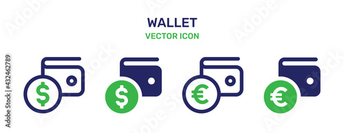 Wallet with dollar and euro money currency icon collection