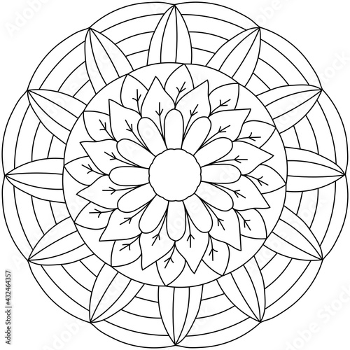Simple contour mandala in the shape of a flower, coloring page for toddlers on a plant theme