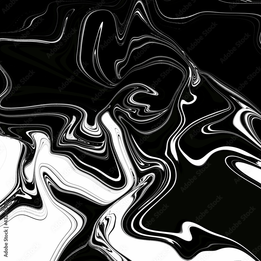 Abstract wavy vibrant facture. Splashed liquid paints. Psychedelic trippy effect. Distortion. Creative graphic design. Monochrome artistic illustration. Black and white colors. Digital art. 