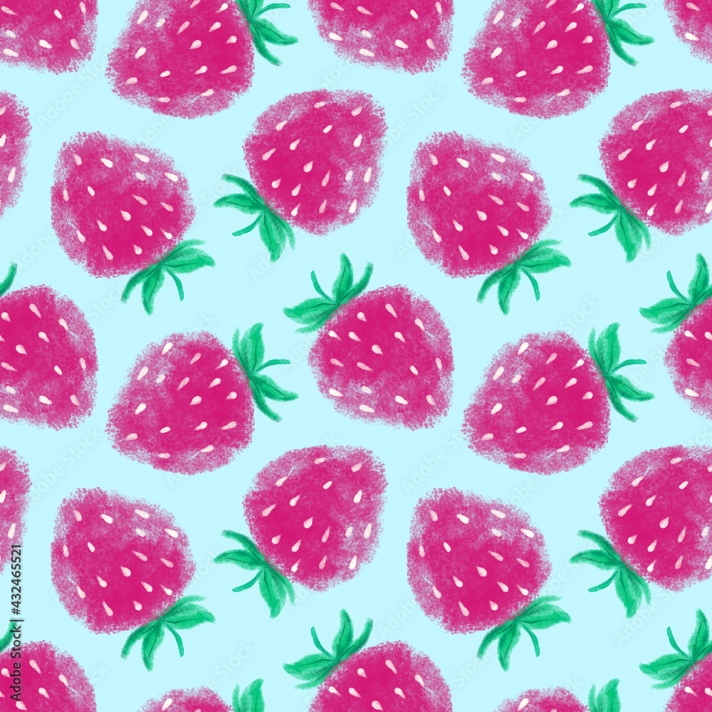 Pink Strawberry on blue background. Bright colors. Healthy vegan food. Summer vibes. Yummy snack. Grocery. Seamless repeatable pattern. Original illustration. Digital art. Cute drawing. Pink Strawberry on blue background. Bright colors. Healthy vegan food. Summer vibes. Yummy snack. Grocery. Seamless repeatable pattern. Original illustration. Digital art. Cute drawing.