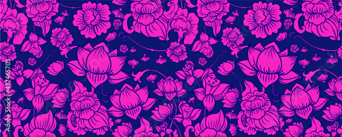 Pink Lotus on Navy Graphic Background in Oriental and Asian Style. Thai Lotus Pattern