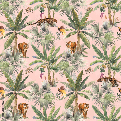 Beautiful vector seamless pattern with watercolor tropical palms and jungle animals tiger, giraffe, leopard. Stock illustration.