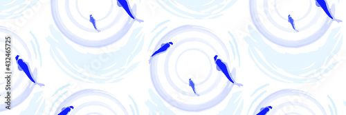 Blue Japanese Koi Fish with Water Ripple Vector Seamless Pattern.