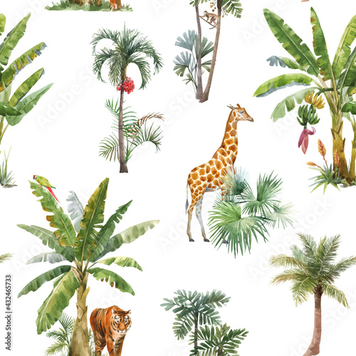 Beautiful vector seamless pattern with watercolor tropical palms and jungle animals tiger, giraffe, leopard. Stock illustration. © zenina