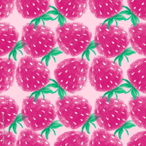 Pink Strawberry on pink background. Bright colors. Healthy vegan food. Summer vibes. Yummy snack. Grocery. Seamless repeatable pattern. Original illustration. Digital art. Cute drawing. 