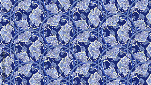 Indigo Blue Floral Pattern with Complex Circle in Thai Vintage Style. Vector Design for Porcelain, Chinaware, Ceramic Tile, paper and fabric.