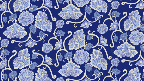 Indigo Blue Floral Pattern with Complex Circle in Thai Vintage Style. Vector Design for Porcelain, Chinaware, Ceramic Tile, paper and fabric.