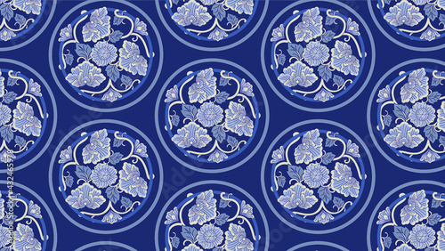 Indigo Blue Floral with Circle Pattern in Thai Vintage Style. Vector Design for Porcelain, Chinaware, Ceramic Tile, paper and fabric.