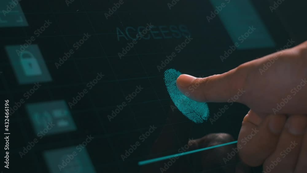 Close up human is touching interface computer monitor, fingerprint biometric identity and approval. future security and password control through fingerprints technology and cybernetic, business