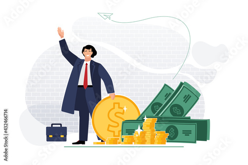 Successful businessman is welcomed, entrepreneur or investor, presenting a pile of money growth. Businessman in suit standing for cash. Financial success, economics, trade concept. Vector illustration