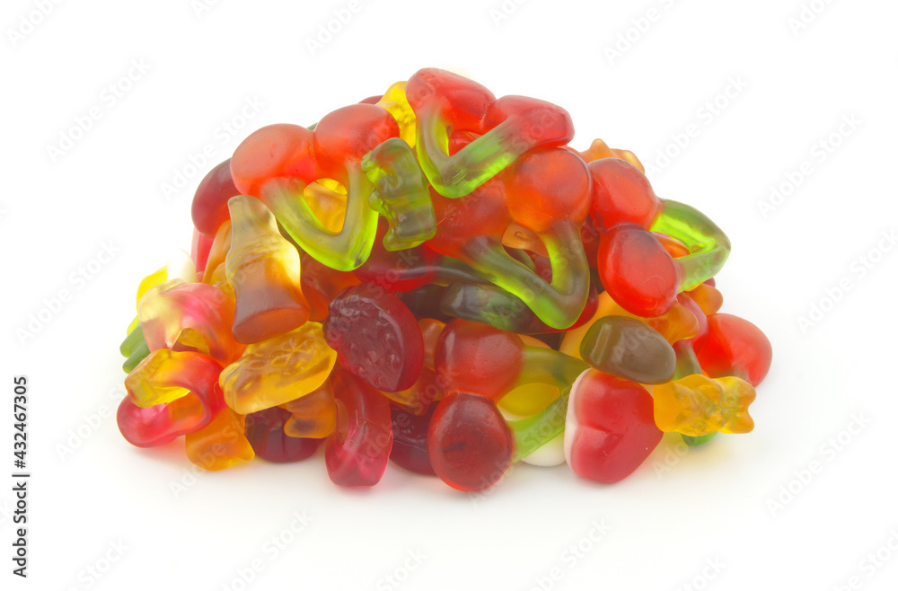Heap of different colorful gummy candies isolated on white background Heap of different colorful gummy candies isolated on white background
