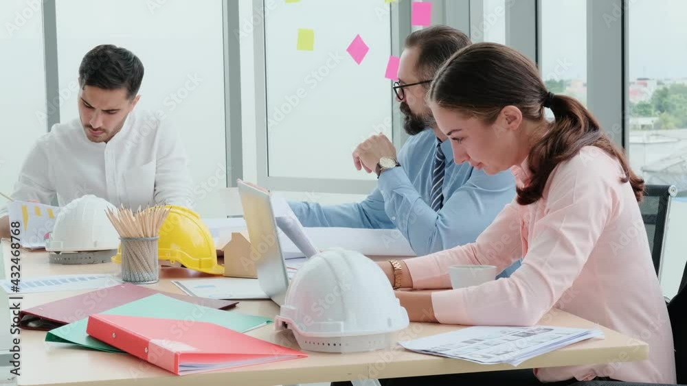 Engineers and architects work on planning, measuring, building patterns, blueprints in office. Brainstorming sessions from experts from many fields. executive director ceo and manager working meeting.