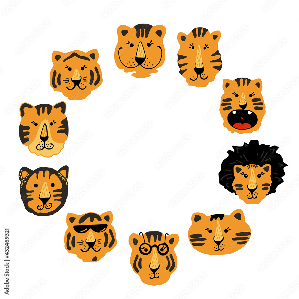Circle of cute vector graphic little tigers. Chinese 2022 year symbol. Year of tiger. Cartoon mascot. Smiling adorable character. Orange illustration of wild exotic animal isolated on white background Circle of cute vector graphic little tigers. Chinese 2022 year symbol. Year of tiger. Cartoon mascot. Smiling adorable character. Orange illustration of wild exotic animal isolated on white background
