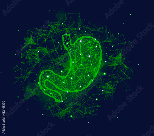 Futuristic medical concept with green human stomach organ and plexus elements. Abstract geometric design with plexus effect on dark background. Healthcare banner with copy space.
