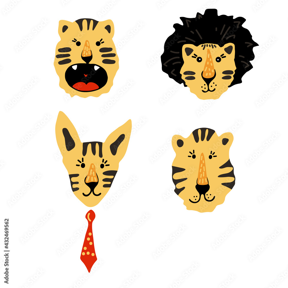 Obraz premium Untitled-1Cute vector graphic little tiger portraits. Chinese 2022 year symbol. Year of tiger. Cartoon mascot. Smiling adorable character. Orange illustration of wild exotic animal isolated on white b