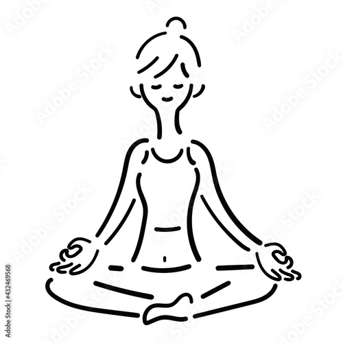line drawing Woman sitting cross legged meditating.ヨガをしている女性のイラスト photo