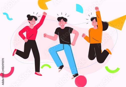 Young men and women jumping. Business personage vector illustration.
